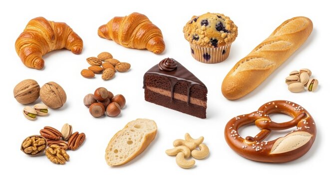 Assorted bakery products and nuts collection, fresh croissants and chocolate cake slice, golden baguette with pretzel and blueberry muffin isolated on White Background