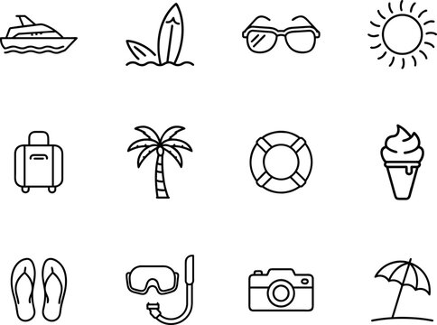 Summer outline vector icon set representing vacation, beach, travel and leisure. Perfect for holiday, seaside and tropical projects.