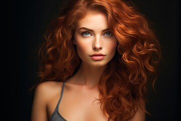 Naklejka premium Woman with red curly hair and blue eyes looking directly at camera