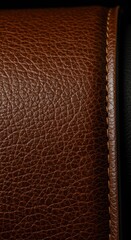 Fototapeta premium Rich brown leather texture close up showing fine pebble grain and amber stitching on a luxury fashion accessory background for masculine branding and refined design