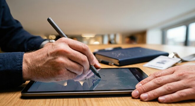 Person signing digital document with stylus on tablet in office setting, close up of electronic signature for business agreement with copy space at top