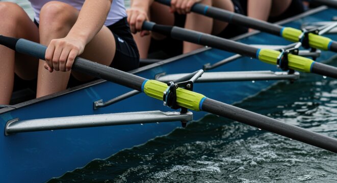 Rowers hands gripping oar handles in a sculling boat on water, closeup of professional sports equipment during a competitive race or youth rowing championship event