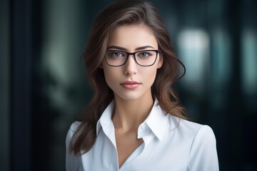 Fototapeta premium Professional woman posing in office or corporate environment, conveying confidence and intelligence