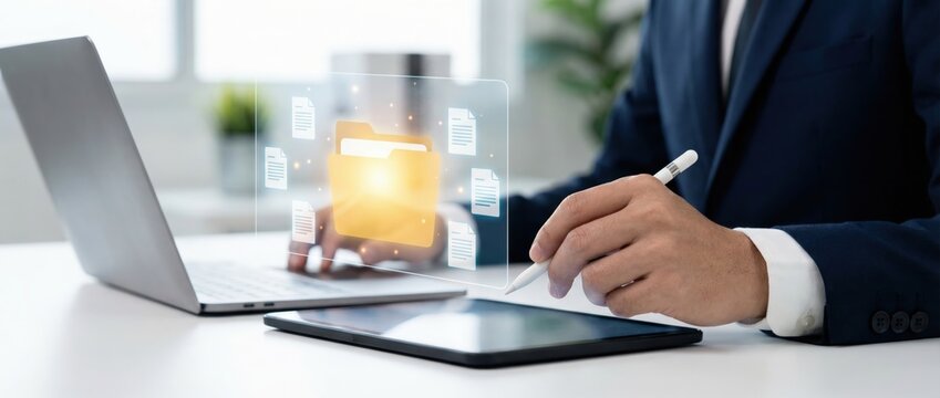Digital transformation actions by business professionals in a modern office environment using innovative technology tools for enhanced productivity and collaboration
