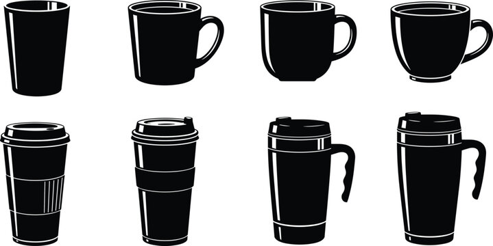 Set of coffee cups and travel mugs in black silhouette style isolated on white background representing beverage containers, hot drinks, cafe items, and kitchenware design collection