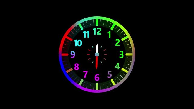Animation of white clock counting down 12 hour day fast speed on black backdrop