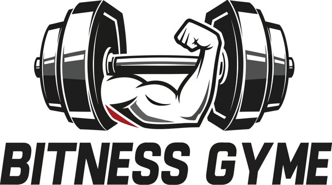 A logo for Bitness Gyme featuring a flexing arm and dumbbell