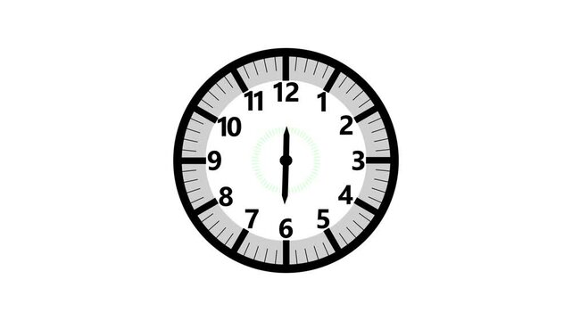 Animation of white clock counting down 12 hour day fast speed on white backdrop