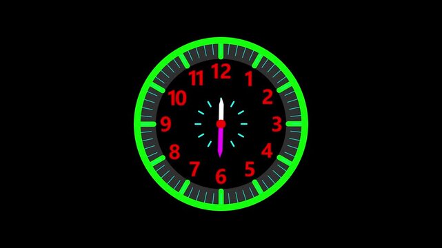 Animation of white clock counting down 12 hour day fast speed on black backdrop