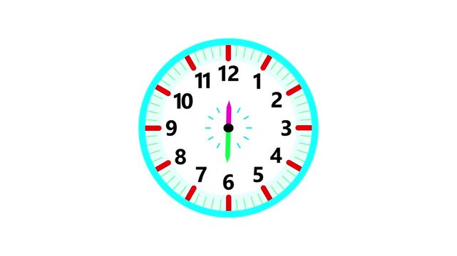 Animation of white clock counting down 12 hour day fast speed on white backdrop