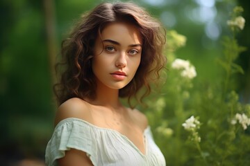 Naklejka premium Young woman with wavy hair in white dress standing among green foliage and white flowers