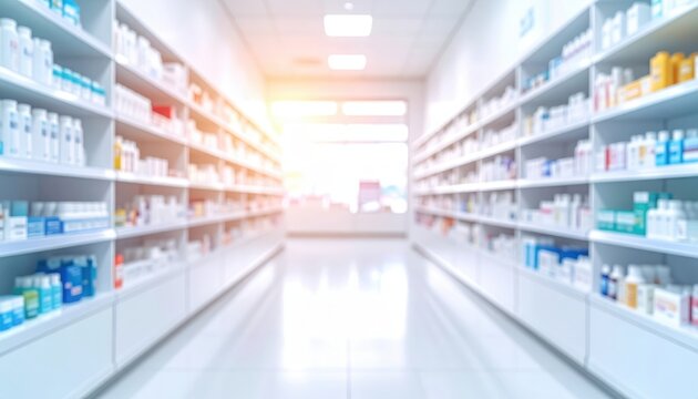 Bright wide-angle view of defocused pharmacy interior for enhanced visibility