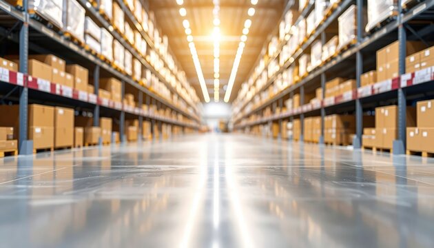 Exploring defocused warehouse racks industrial space photography bright environment low perspective inventory management