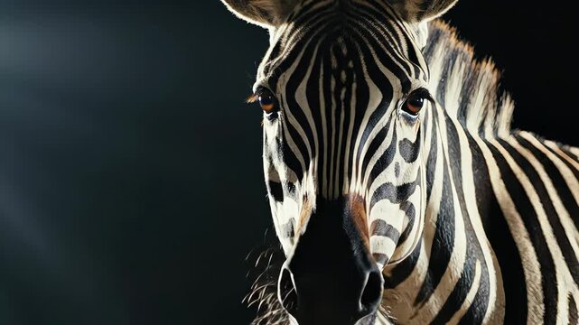 Zebra displays detailed black and white stripes under bright light. Close-up view with clear emphasis on features and expressions. Concept of wildlife, animal photography, education