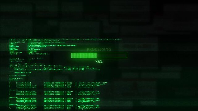 Digital Loading Bar Progress with Green Matrix Glitch Effect progress bar completion over a glitchy matrix code background. Perfect for system updates, software installation, data processing themes.