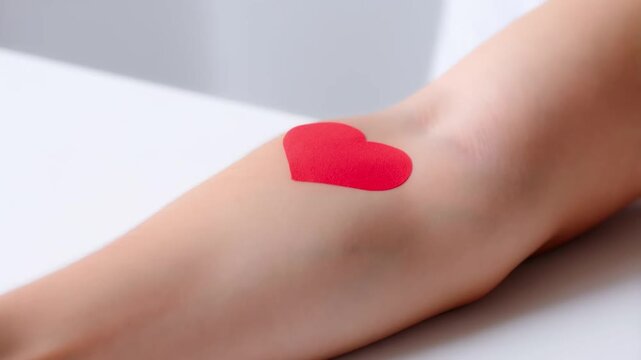 A video clip showing a hand gently pressing a small red paper heart onto the crook of an arm, symbolizing blood donation, health care, or a kind gesture towards medical support.