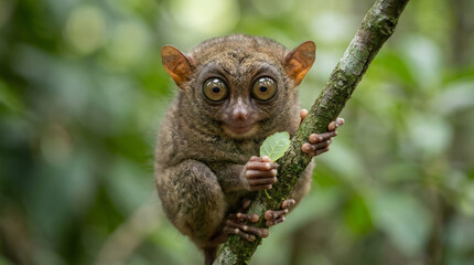 Naklejka premium Cute Tarsier Holding Leaf on Tree Branch, Big Eyes Wildlife Close-Up in Natural Habitat