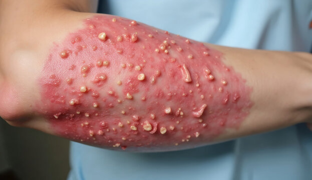 Arms show skin inflammation with irritated red spots.