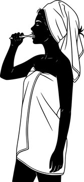 Young woman in towel brush her teeth getting ready for work in the morning side view vector silhouette isolated on white background.
