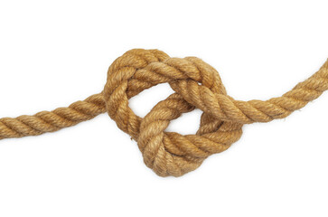 Fototapeta premium Brown rope with tangled knot on white background. Concept of solving problem or problematic knot.