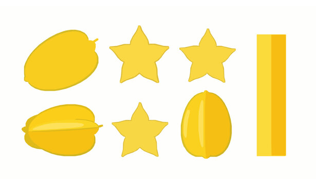 Yellow starfruit vector set with sliced carambola fruit shapes in flat style for fresh grocery product design