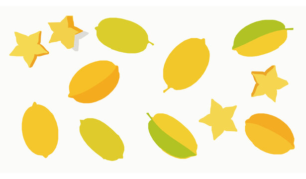 Fresh yellow starfruit vector illustration with dynamic sliced carambola arrangement for food packaging and menu design