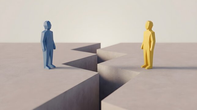 Business conflict concept with two figures standing across gap representing disagreement communication breakdown negotiation challenge and problem resolution in corporate environment
