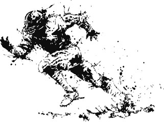 Obraz premium American football player running with helmet and protective gear, dynamic action splash ink illustration