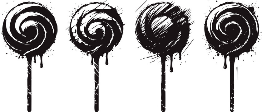Black grunge swirled lollipop silhouettes with dripping paint effect set on white background