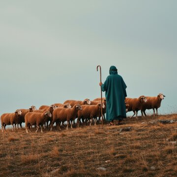 Shepherd in a blue robe holding a wooden staff leading a flock of sheep across a dry grass ridge under a serene grey sky for historical storytelling