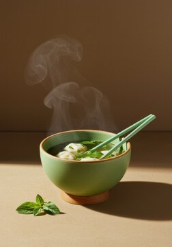 Steaming dumpling soup in a green ceramic bowl with chopsticks on a tan background for a wellness brand campaign, offering a comforting and nourishing aesthetic
