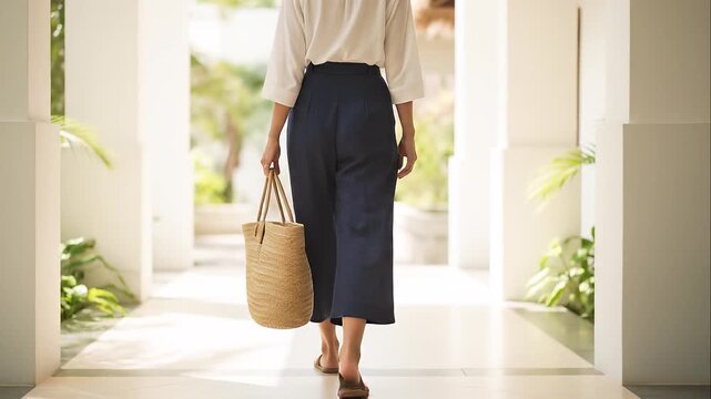 リゾートホテルの明るい廊下をかごバッグを持って歩く女性の後ろ姿