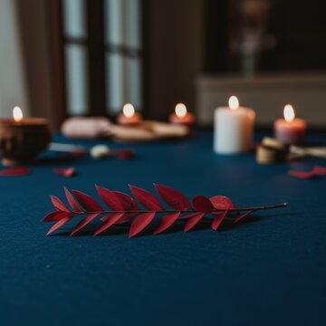 Red Ruscus Sprig on Dark Blue Surface with Burning Candles in Background, Minimalist Botanical Still Life for Wellness Brand Concept and Ceremonial Backdrop