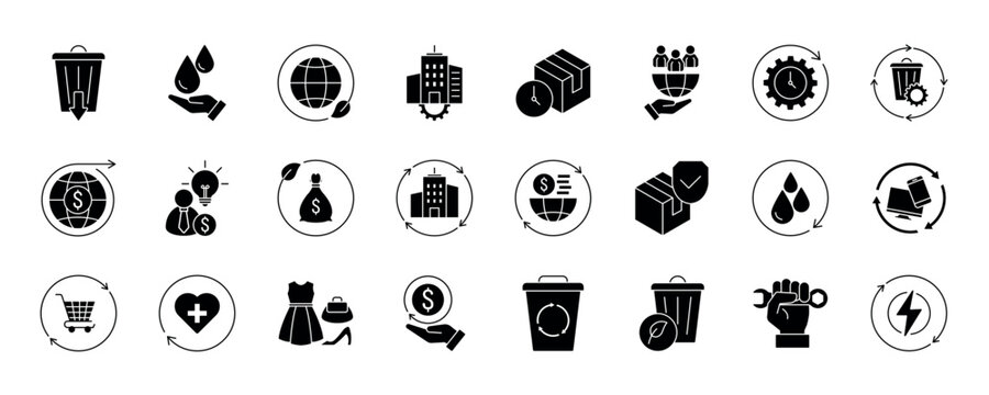 Circular economy icon set collection. Sustainable, Green Economy, Recycle Bin, Zero Waste and more. Simple color fill vector.