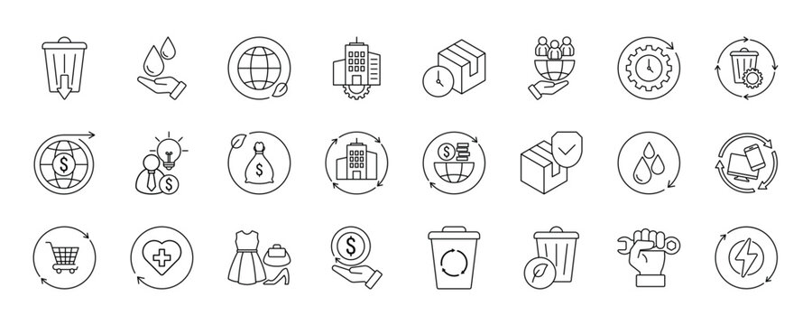 Circular economy icon set collection. Sustainable, Green Economy, Recycle Bin, Zero Waste and more. Simple color fill vector.