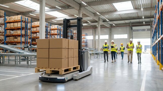 Warehouse Logistics with Forklift Moving Cargo and Workers in Distribution Center