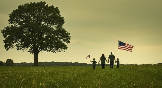 Silhouette of a family walking through a green meadow with a flag towards the horizon for patriotic editorial and hopeful storytelling with copy space in the sky