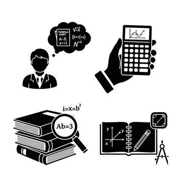 Education and Science Icons: Math, Calculator, Books, and Geometry Tools