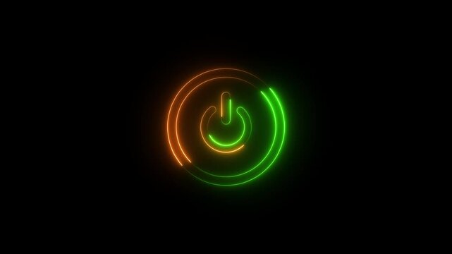 Neon glowing cyan color power button icon animated on a black background ,The appearance of neon symbol power off ,alpha channel. blue power button, neon line power button with animation