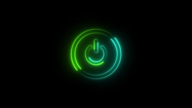 Neon glowing cyan color power button icon animated on a black background ,The appearance of neon symbol power off ,alpha channel. blue power button, neon line power button with animation
