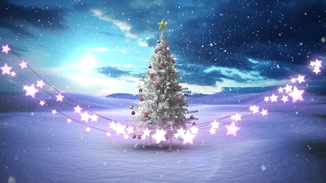 Star shaped fairy lights decoration against snow falling over christmas tree on winter landscape