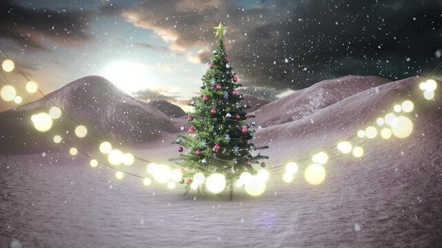 Glowing fairy lights decoration against snow falling over christmas tree on winter landscape