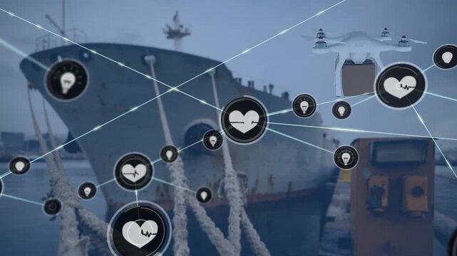 Network of digital icons and drone carrying a delivery box against a ship in the sea