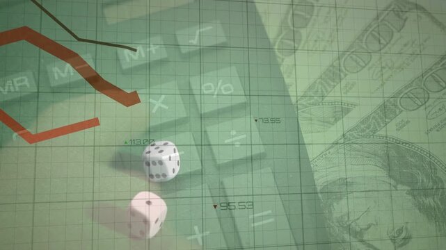 Animation of data processing over banknotes and dices