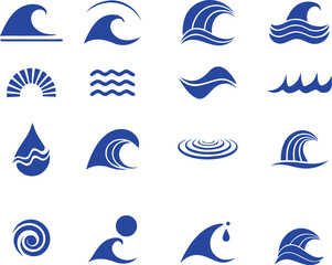 Naklejka premium Flat Style Water and Sea Wave Icon Set – Blue Liquid Shapes, Abstract Ocean Waves, Modern Vector Collection