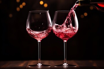 Fototapeta premium Red wine pouring into two glasses with bokeh lights on a dark background
