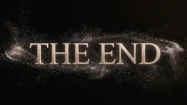 The End cinematic title with sparkling particles on black background, elegant closing scene for films and presentations.