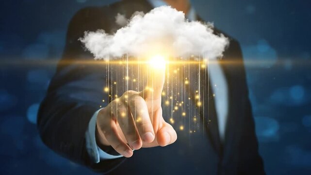 Businessman touching a glowing cloud with rain of golden data points