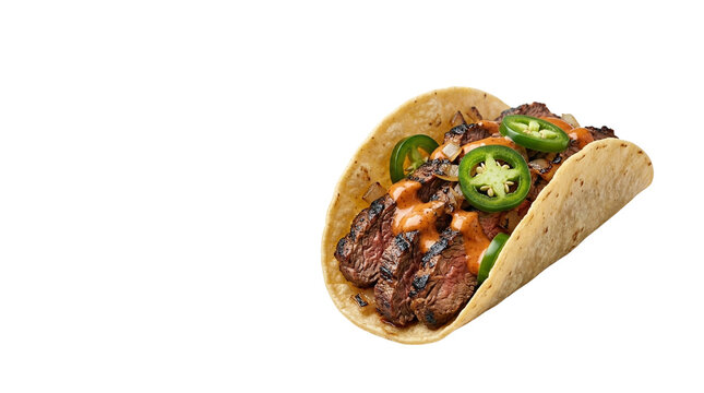 Grilled steak street taco with jalape&ntilde;o slices, authentic mexican carne asada taco, spicy beef taco with chipotle sauce and corn tortilla isolated PNG with Transparent Background