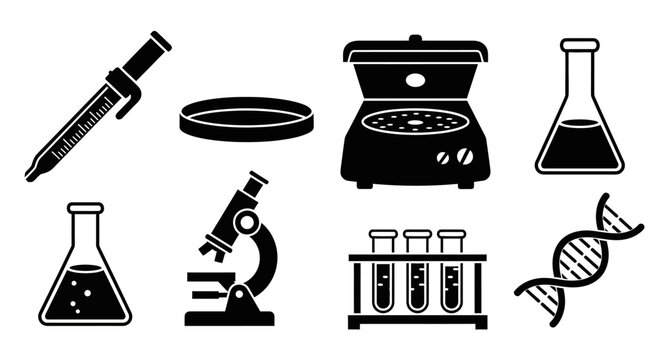 Science Laboratory Equipment Icons: Microscope, Flasks, Pipette, DNA, Petri Dish